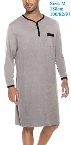 Men Long Sleeve Nightshirt Knee Length Nightgown Cotton Sleep Shirt Lounge Wear with Chest Pocket2