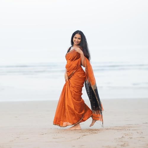 Image of Women's Banarasi Style Pure Kanjivaram Silk Jacquard Kanchipuram Pattu Saree With Un-Stiched Blouse (Orange)