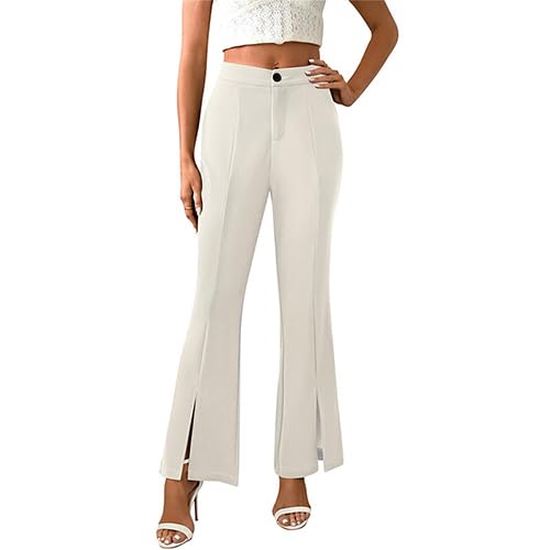 Womens High Waisted Buttoned Loose Fit Micro Flare Front Split Long Pants