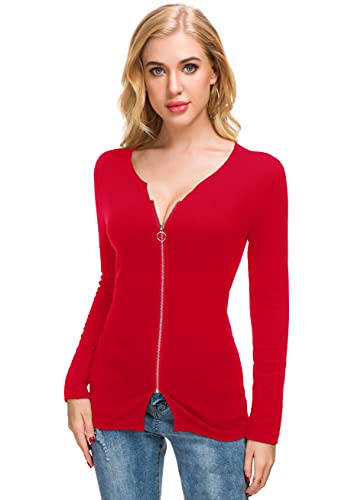 Image of Afibi Women V Neck Zip Front Long Sleeve Casual Top Blouse Shirt /Cardigan