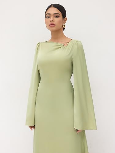 CIDER Formal Asymmetrical Neck Long Sleeve Maxi Dress Knot Satin Middle Waist Party Elegant Dress3