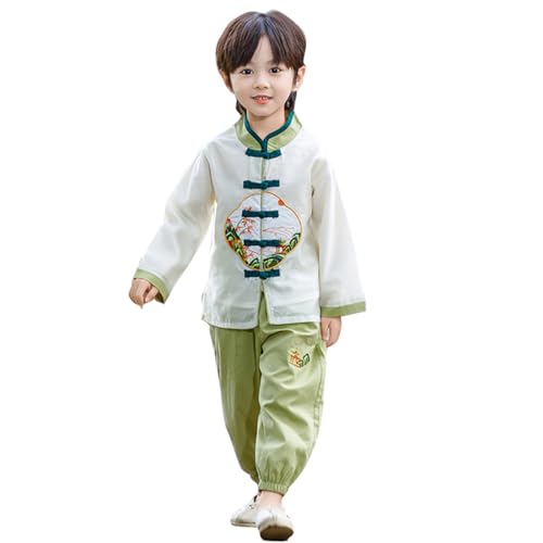 Chinese Hanfu Outfit for Boys Tang Suit Style Embroidered Top and Pants Set National Costume for Kindergarten Ancient Choir Performance Spring Summer Wear for Toddler Boy (green 160)