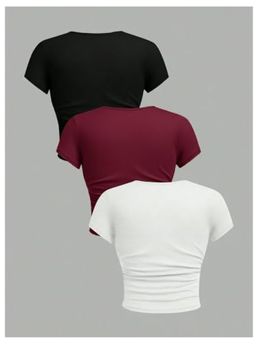 Image of SOLY HUX Girl's Basic Crop Top Set Crew Neck Short Sleeve T-Shirts 3 Packs Casual Summer Fitted Tees