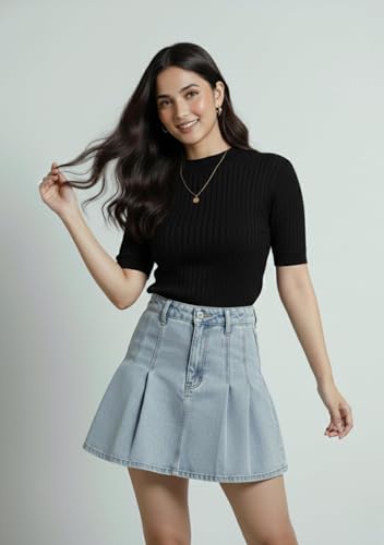 Image of Women Ribbed Knit Top | Solid Slim Fit Half Sleeve Top for Women | Stretchable Casual & Office Wear T-Shirt