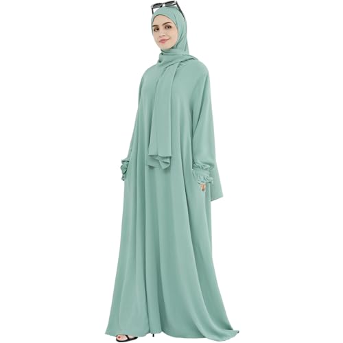 women muslim dress middle east arabian robe islamic modest dress with hijab scarf lace sleeve flowy abaya dress
