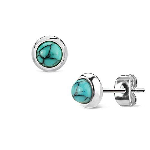 Mobody Semi-Precious Stone Round Stud Earrings Silver-Tone Surgical Stainless Steel Womens Jewelry (Turquoise) #TOP4