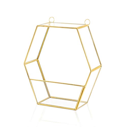 Estanteria Pared Metal Vintage Dorada Hexagonal – Estante de Decoracion Flotante de Diseño Retro para Paredes Sala Estar Pasillo Soporte Organizador Metalico Latón y Vidrio 19*18*7cm.