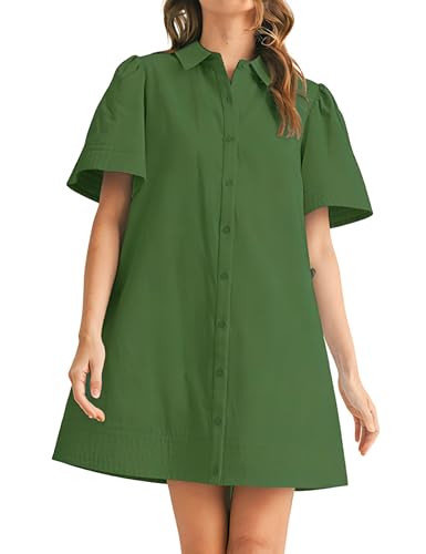 Image of Womens Short Sleeve Button Down Mini Shirt Dress Lapel Collar Short Dresses with Pocket