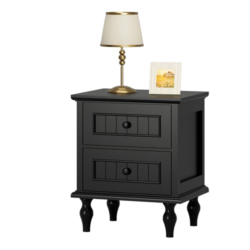 Image of Scurrty Vintage Nightstand, Antique Style End Table with 2 Drawers, Taller Nightstand for Bedroom, Side Table for Bedroom (Black, Single)