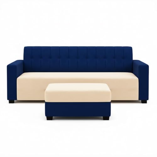 Image of FURNY Luxora 2 Seater Fabric Sofa Set with 1 Ottoman (Dark Blue-Cream) with Velvet Finish | Durable Comfort | Ideal for Living Room. | Breathable material