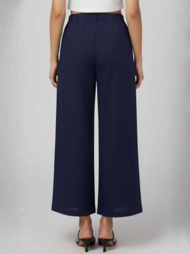 Image of GRECIILOOKS Linen Ankle Length Casual Trousers for Women | Regular Fit Linen Pants with Elastic Closure | Summer Loose Fit Daily Outfit Pants for Women