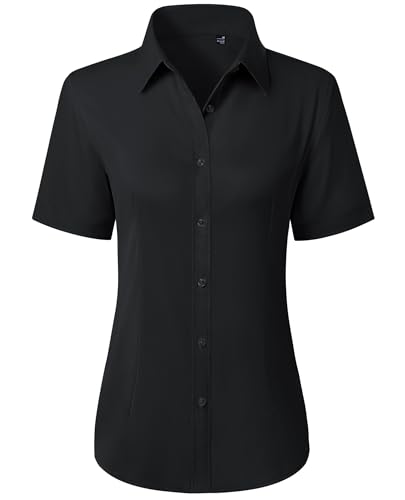 siliteelon Black Button Up Shirt Women Short Sleeve Collared Dress Shirt Stain Shield Wrinkle Free Work Business Casual Blouses