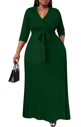 Image of Nmoder Plus Size Maxi Dress for Women - Summer Casual 3 /4 Sleeve Floral Flowy Long Dress with Belt XL- 6XL