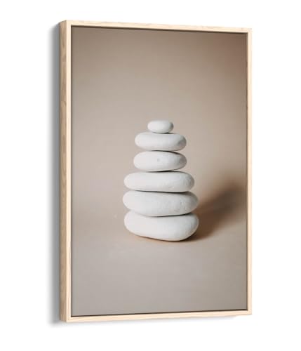 Toile pierres zen blanches pour salon lumineux et cadre chêne