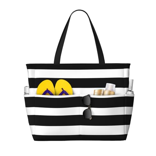 Modern Bathroom Classic Black And White Striped Extra Large Beach Tote Bag – Beach Vacation Essentials With 7 Pockets, Durable Polyester Carryall For Swim, Pool & Camping