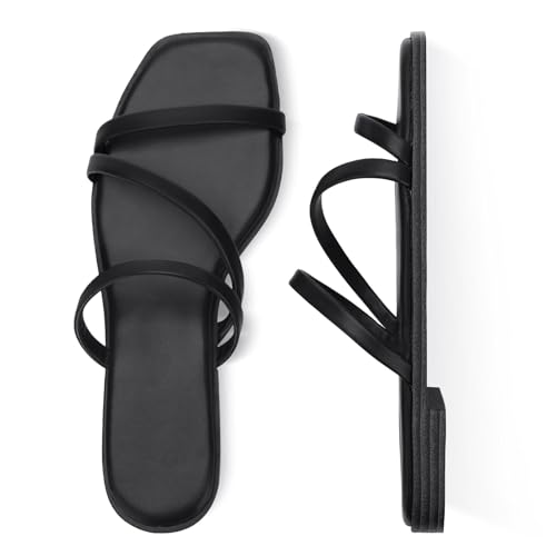 LACUONE Strappy Flat Sandals For Women Slip On Square Open Toe Slides Sandals(8,Black)