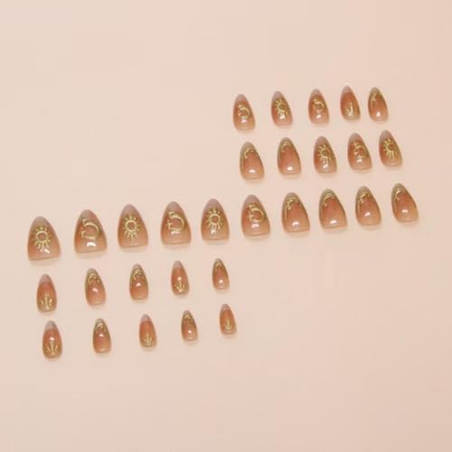 Image of Star Moon Press on Nails 3D Gold Fake Nails Short Almond False Nail with Design French Tip Glue on Nails Glossy Artificial Acrylic Full Cover Ombre Stick on Nail for Women Manicure 24Pcs