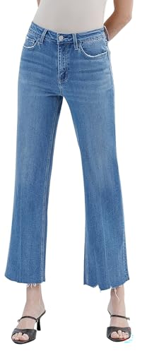 Women's High Rise Raw Hem Ankle Slim Wide Jeans