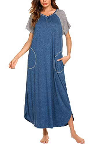 Ekouaer Loungewear, Maxi Night Gown Long Nightshirt Sleeping Dress, A-blue, ...