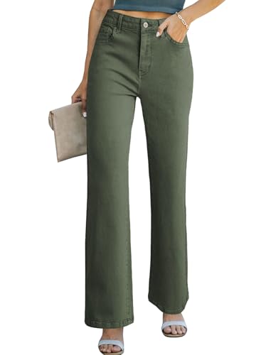 Sidefeel Women's Jeans Wide Leg High Waisted Stretchy Casual Ankle Green Straight Leg Denim Pants Size 4