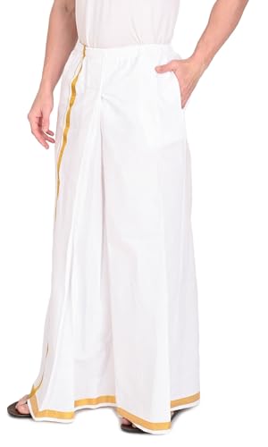 Image of Gowri Tex 100% Pure Cotton White Elastic Dhoti With Gold Border Dual Packet Pack Of 1 - Free Size