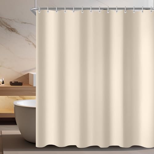 Lerores Shower Curtain, 180 x 170 cm(71x67 inch), Beige, Weighted Hem, Anti-Mould Textile, Water-Repellent, Washable Polyester Fabric Bath Curtains for Bathroom, Bath with 8 Shower Curtain Rings