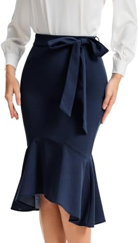 Bbonlinedress Womens Midi Pencil Skirt Fishtail Work Office Church Bodycon High Waist Mermaid Skirts with Bow Tie Belt