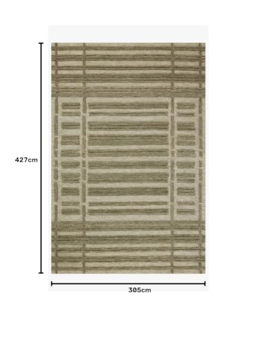 Image of Modern (High Low Pile) Pattern Wool Carpet with Loop Texture Yarn Anti Shedding Carpet Size 10x14 Feet B0 Olive Green Color