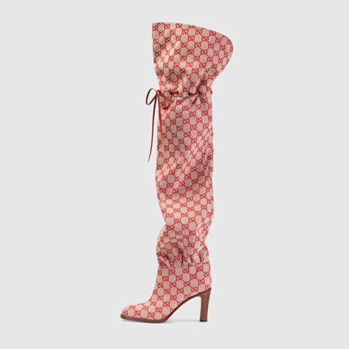 Over The Knee Boots Women,All-Match Round Head Slim High Heel Printing Fashion Long Boots Strappy Lace Up Party Casual,Pink-364