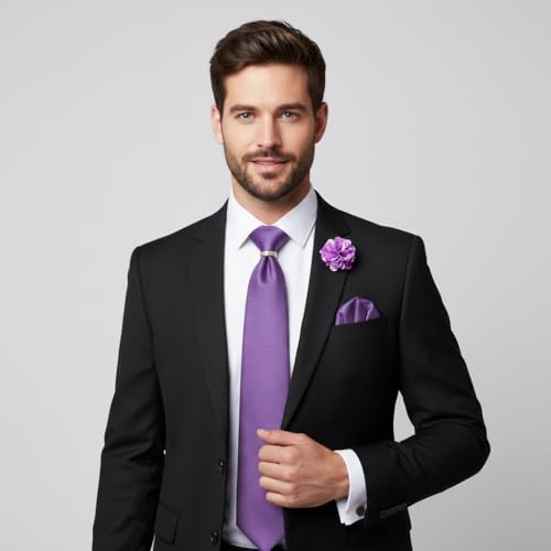 Image of 5PCS Mens Silk Tie, Pocket Square, Cufflinks, Drilled Tie Ring and Lapel Pin Set for Wedding Groom Party