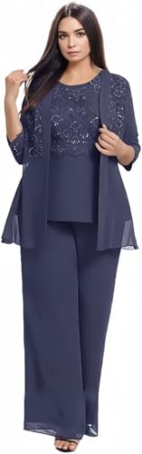 3 Piece Chiffon Dressy Mother of The Bride Pantsuits Lace Sequin Wedding Guest Pant Suit Formal Evening Outfit