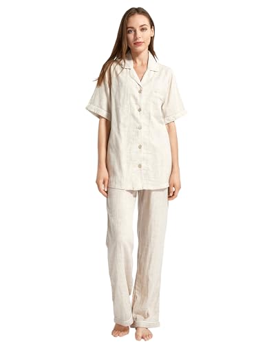 Image of Womens Muslin Pajama Set 100% Cotton Double Gauze Linen Like Breathable Soft Button Up Loungewear Sleepwear PJ Set