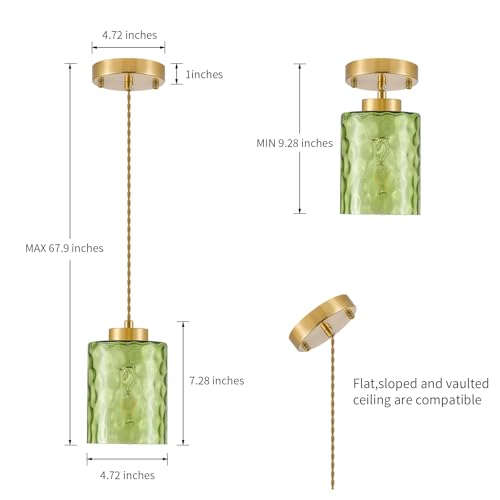 Image of MWZ Gold Pendant Lights Kitchen Island 3 Pack, Modern Hanging Kitchen Pendant Lighting Over Sink with Green Hammered Glass Shade,Small Chandeliers Fixtures Adjustable Cord Hanging Lighting