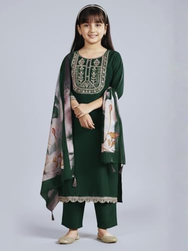 Image of Girls Ethnic Embroidered Silk Kurta Pant and Jacquard Dupatta Set | Kids Salwar Suit | three piece Traditional Outfit