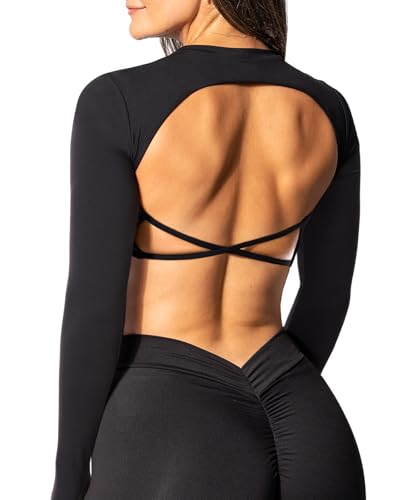 Navneet Haut de sport pour femme - Dos nu - Manches longues - Pour le sport, la gym, le yoga - Avec soutien-gorge - Crop Top Fitness, noir, dos nu, M