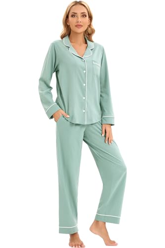 Image of LUBOT 100% Cotton Pajamas for Women Pajama Set Soft 2 Piece Sleepwear PJ Set Long Sleeve Knit Button Cozy Loungewear XS-XXL