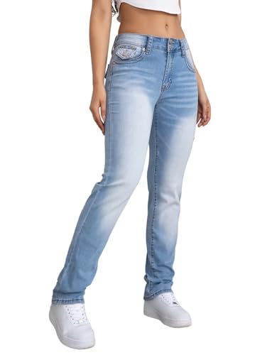 Flamingals Women's Stretchy Straight Leg Jeans Mid Waist Bootcut Jeans Double Button Solid Skinny Jeans - Image 3