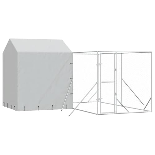 vidaXL Outdoor Hundezwinger, Hundehütte mit Dach, Hundekäfig für den Außenbereich, Hühnerstall Hundezaun Hundeauslauf, Silbern Verzinkter Stahl