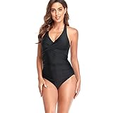 TMEOG Badeanzug Damen Bauchweg Einteilige Monokini V Ausschnitt Bademode Rückenfrei Swimsuits High Waist Badebekleidung Shape Badeanzüge mit BH Einlagen(XL,Neckholder_Schwarz)
