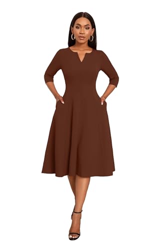 Image of Nmoder Midi Dresses for Women A-Line Fit and Flare Dress 3 /4 Sleeve V Neck Cocktail Wedding Guest Work Dress with Pockets