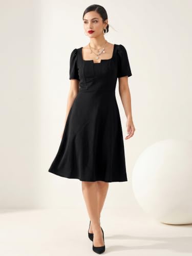 Image of Selvia Women's Black Puff Sleeve Square Neck Fit & Flare Midi Dress
