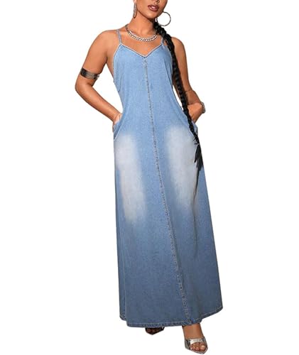 Image of Sexyshine Women's Sleeveless Adjustable Strap Maxi Denim Dress V Neck Washed Blue Plus Size Cami Long Jean Dress Pockets