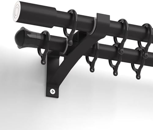 28mm Black Aluminum Double Curtain Rods with Rings & Brackets - Adjustable Wall-Mounted Drapery Rods for Layered Sheer & Blackout Curtains in Bedroom & Living Room (190cm)