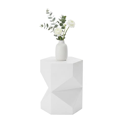 Image of COSIEST MgO Concrete Side Table, 18 Inch Hexagonal Geometric Outdoor End Accent Table, All-Weather Patio Garden Stool, Modern Plant Stand & Coffee Table for Balcony Backyard, White, 1 Pack