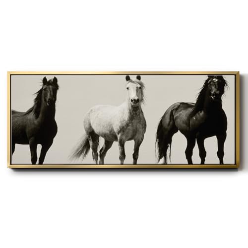 Renditions Gallery Art Work For Home Wild Stallions Horse Herd Portrait Framed Canvas Wall Hanging for Lounge Kitchen Bedroom Lobby - 12"X30" Gold Frame GAL041