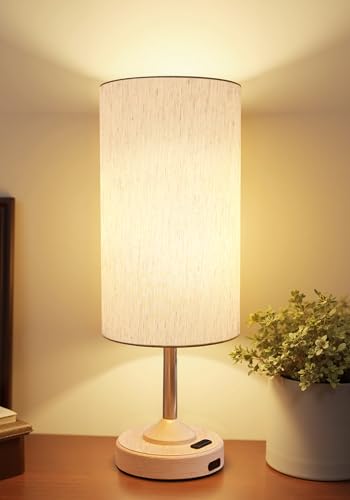 Cordless Table Lamp, Bedside, Dimmable, Touch, Timer, 2700K, Bedroom, Portable, LED, Wireless, Rechargeable, Battery Operated, Desk Lamp, Fabric Shade, Wood-Grain Finish, Living Room, Dining Room