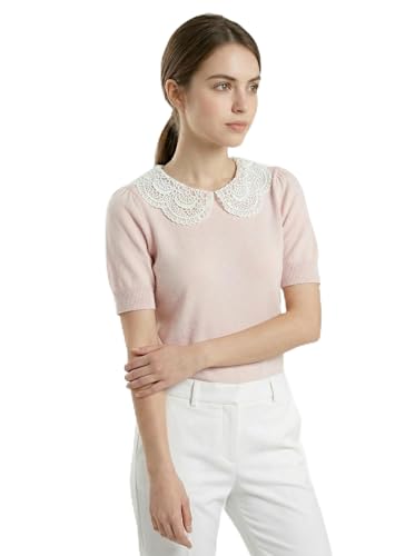 Womens Knitted Sweater White lace Peter Pan Collar Short Sleeves with Puff Sleeves Fitted Design Sweet and Ladylike Style (US Alpha Medium Regular Regular Blush)