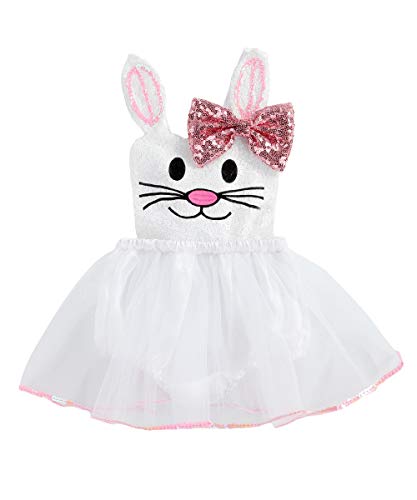 Cute Toddler Baby Girls Easter Bunny Costume Sequins Halter Romper Dress Tulle Tutu Skirt Princess Summer Outfit (White, 18-24M)