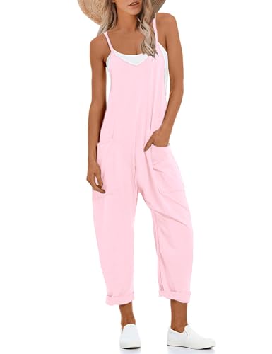 Lentta Womens Causal Jumpsuits V Neck Sleeveless Harem Overalls Stretchy Adjustable Strap Romper with Pockets(Pink-XXL)