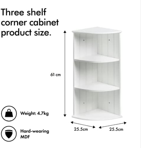 VonHaus Corner Shelf Unit - White 3 Tier Shelving - Freestanding or Wall Mounted Display Shelves - Shaker Style Bookcase & Decor Stand - Modern Storage for Bathroom, Living Room, Kitchen, Hallway